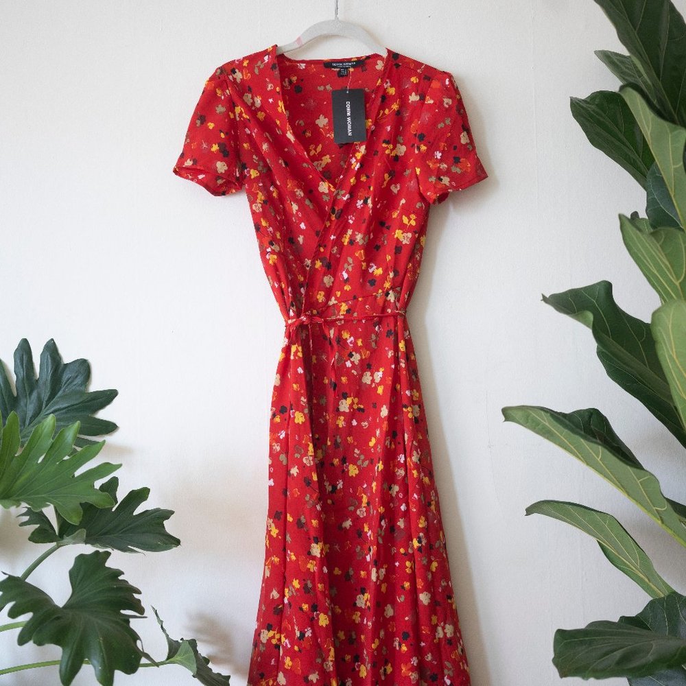 NWT Red floral print wrap dress